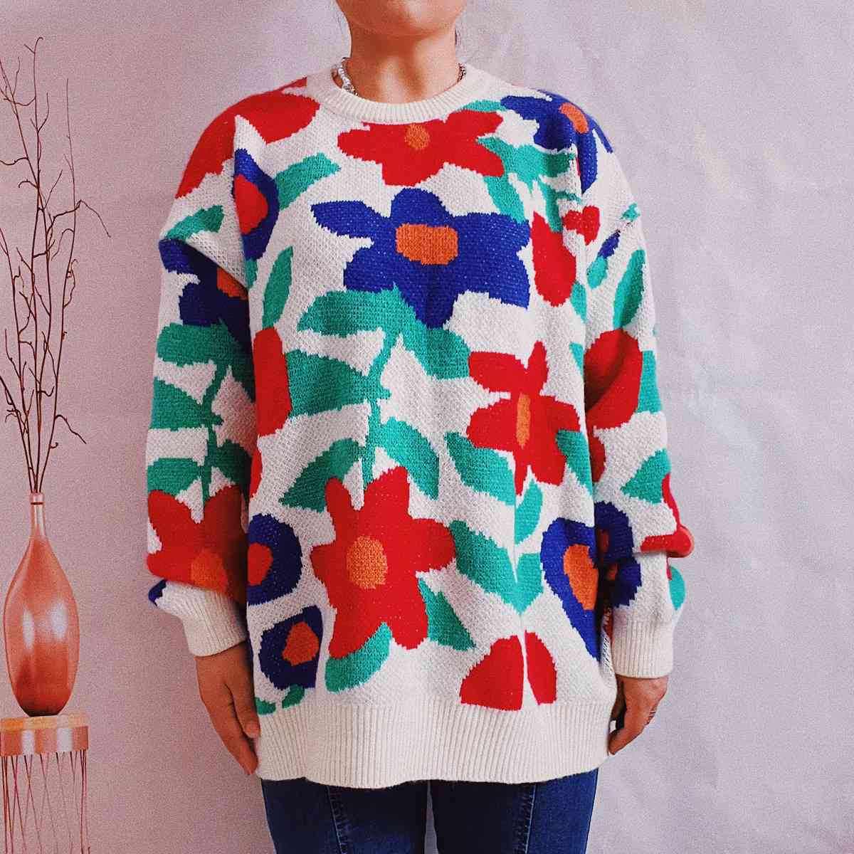 Floral Print Round Neck Drop Shoulder Sweater