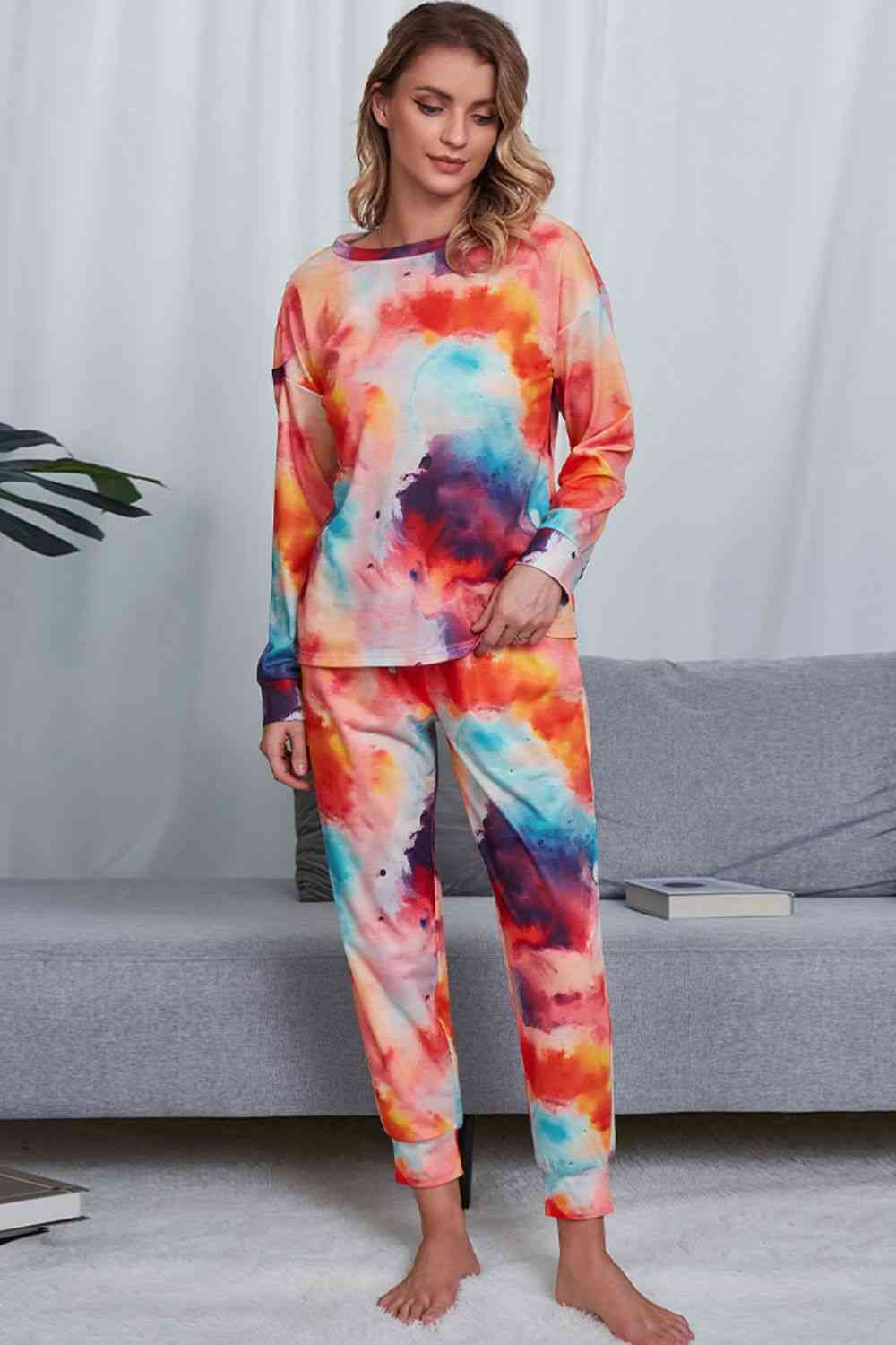 Tie-Dye Crewneck Top and Drawstring Waist Joggers Lounge Set