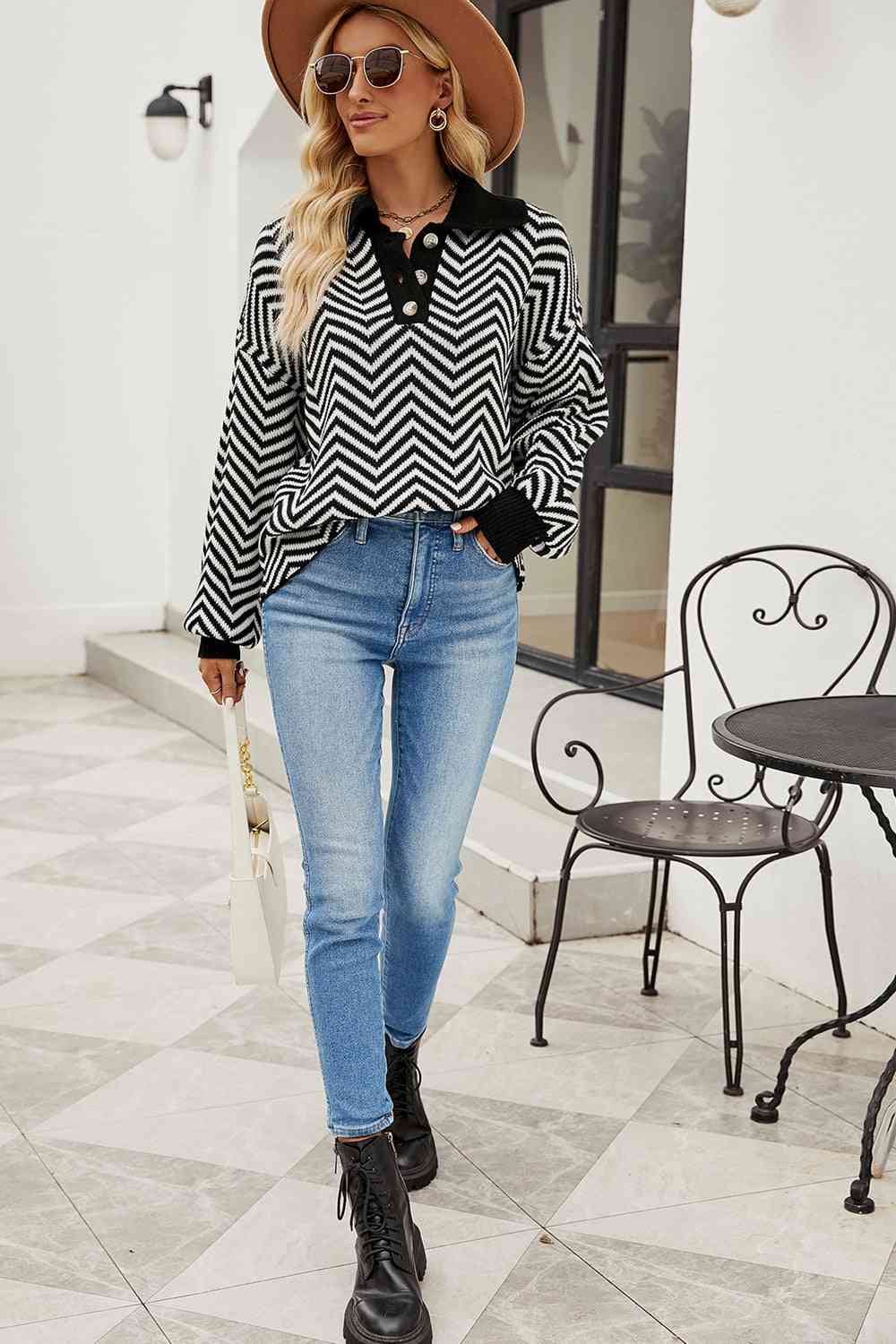 Striped Collared Neck Buttoned Pullover Sweater