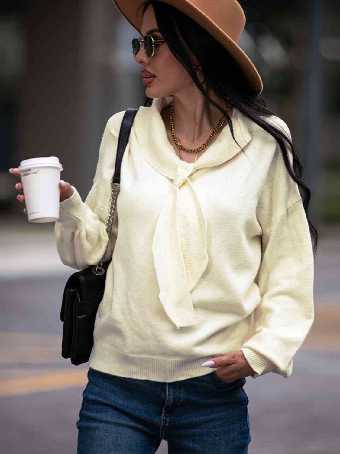 Tie Neck Dropped Shoulder Sweater