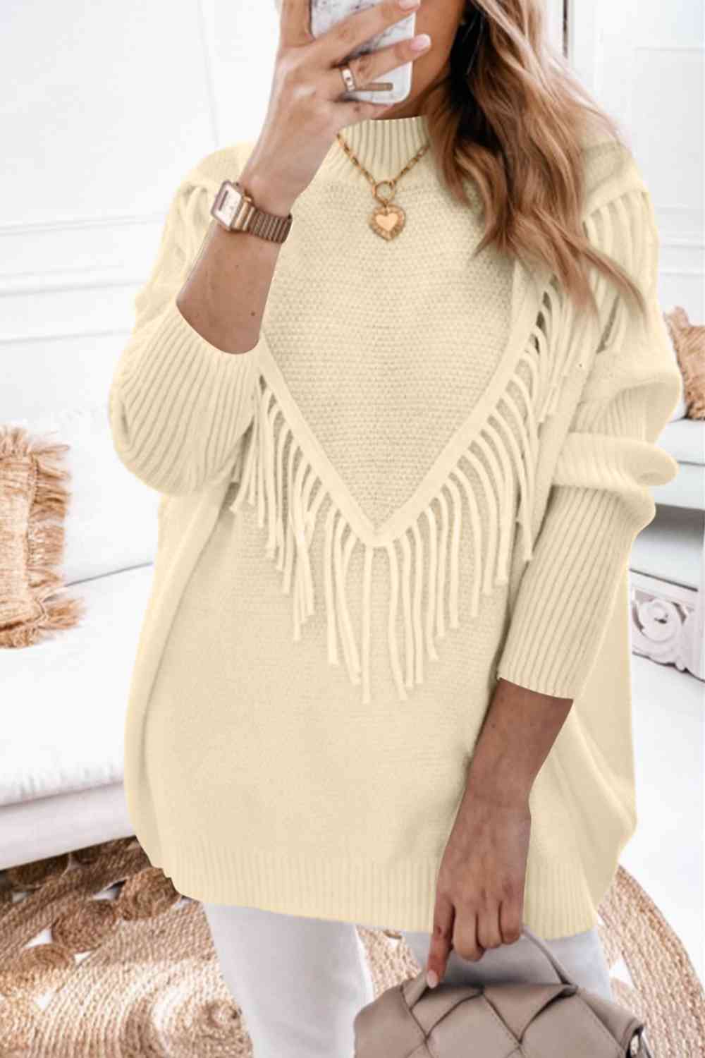 Fringe Detail Mock Neck Sweater