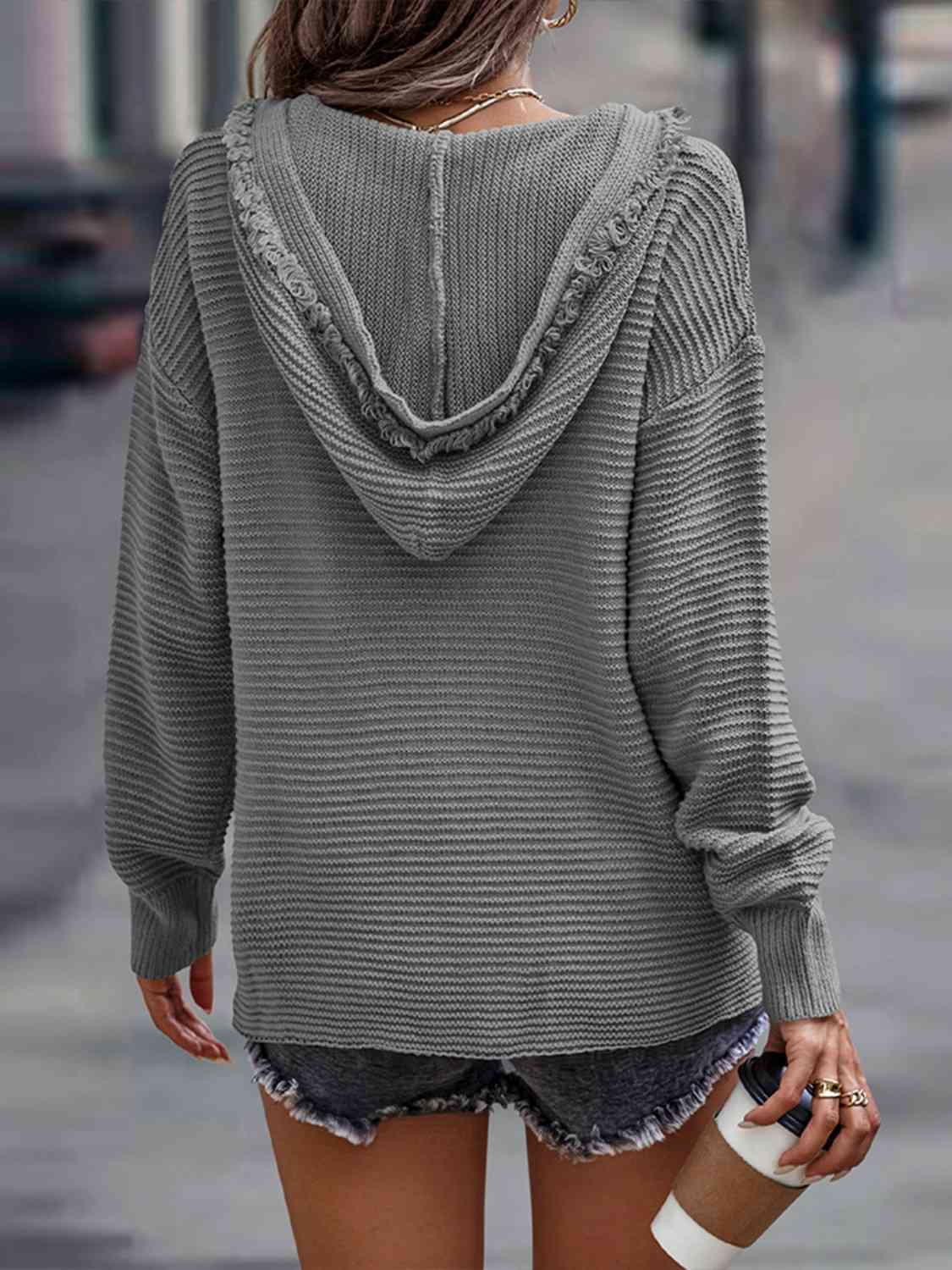 Ribbed Fringed V-Neck Hooded Sweater