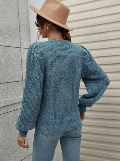 Woven Right Heathered Long Lantern Sleeve Rib-Knit Sweater