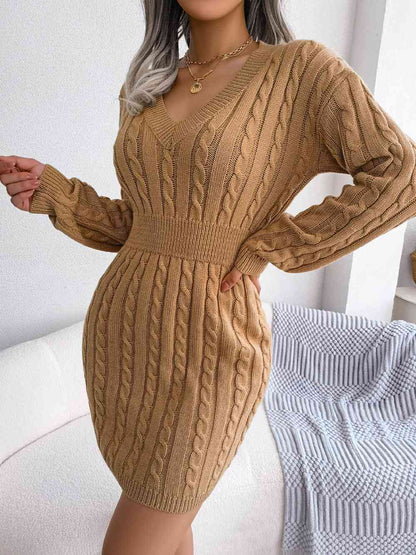 Cable-Knit V-Neck Mini Sweater Dress