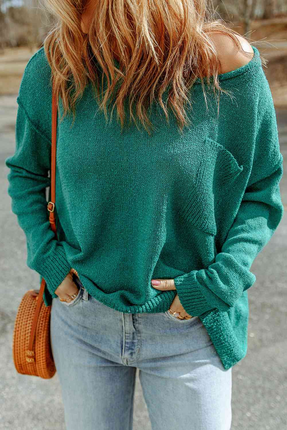 Dropped Shoulder Boat Neck Sweater Pullover with Pocket