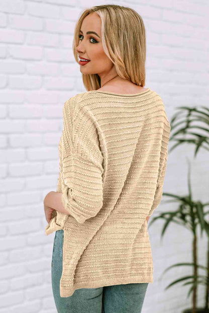 Round Neck Dropped Shoulder Side Slit Pullover Sweater