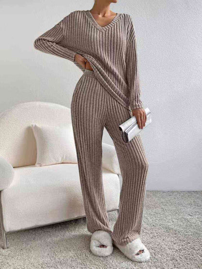 Ribbed V-Neck Long Sleeve Top and Pants Set