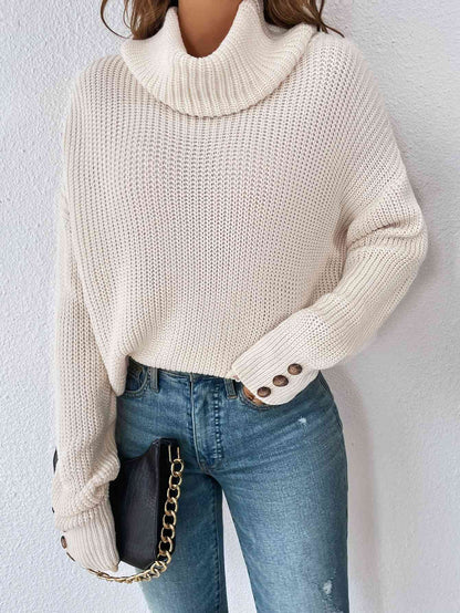 Woven Right Decorative Button Turtleneck Dropped Shoulder Sweater