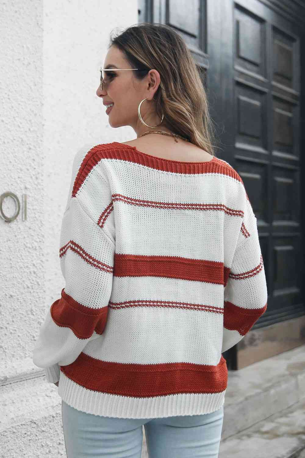 Striped V-Neck Drop Shoulder Sweater