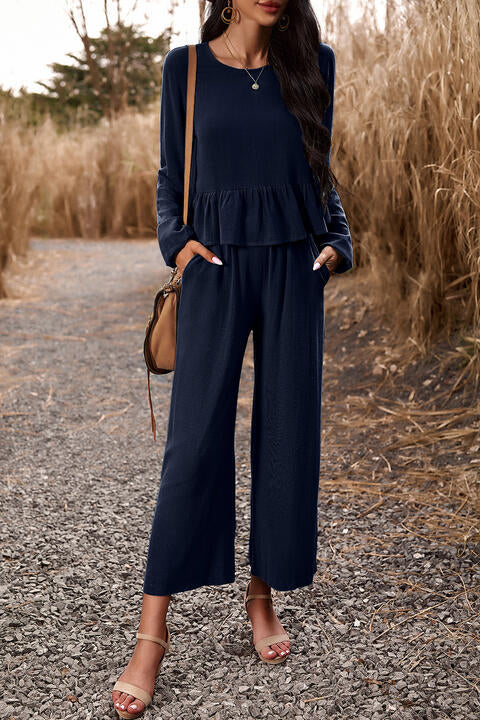 Round Neck Peplum Top and Pants Set