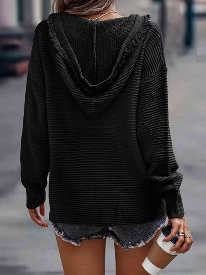 Ribbed Fringed V-Neck Hooded Sweater