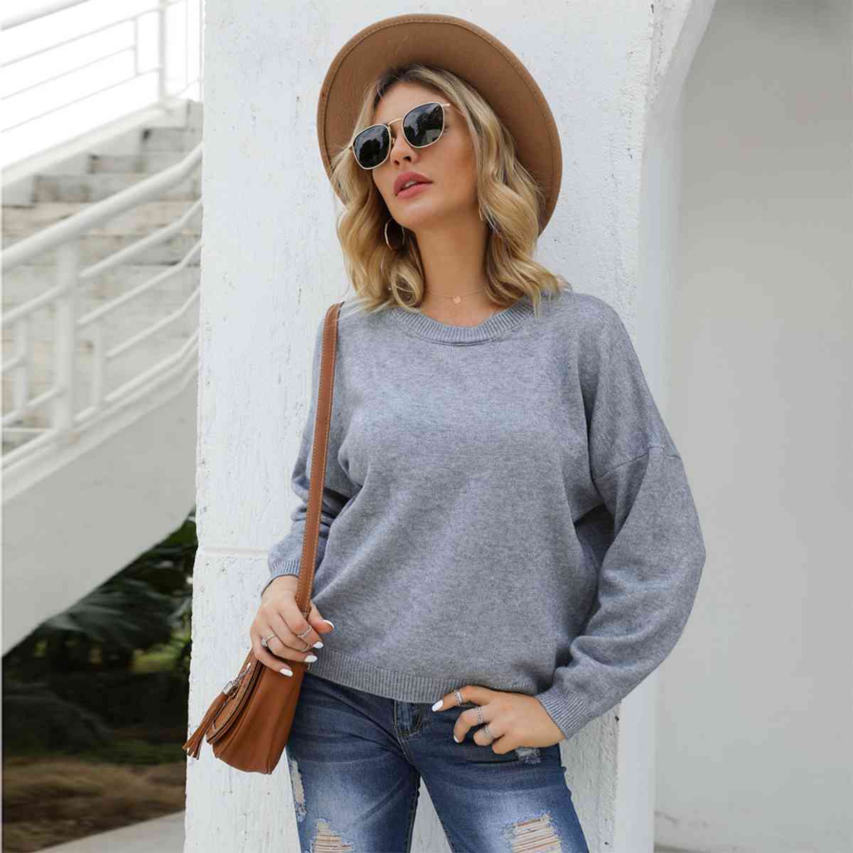 Round Neck Long Sleeve Drop Shoulder Sweater